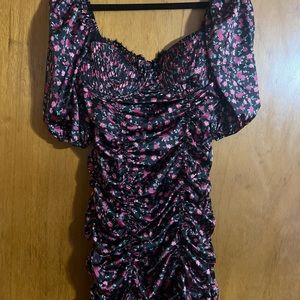 For Love and & Lemons Large Melrose Bra Ruched Satin Puff Sleeve Mini Dress